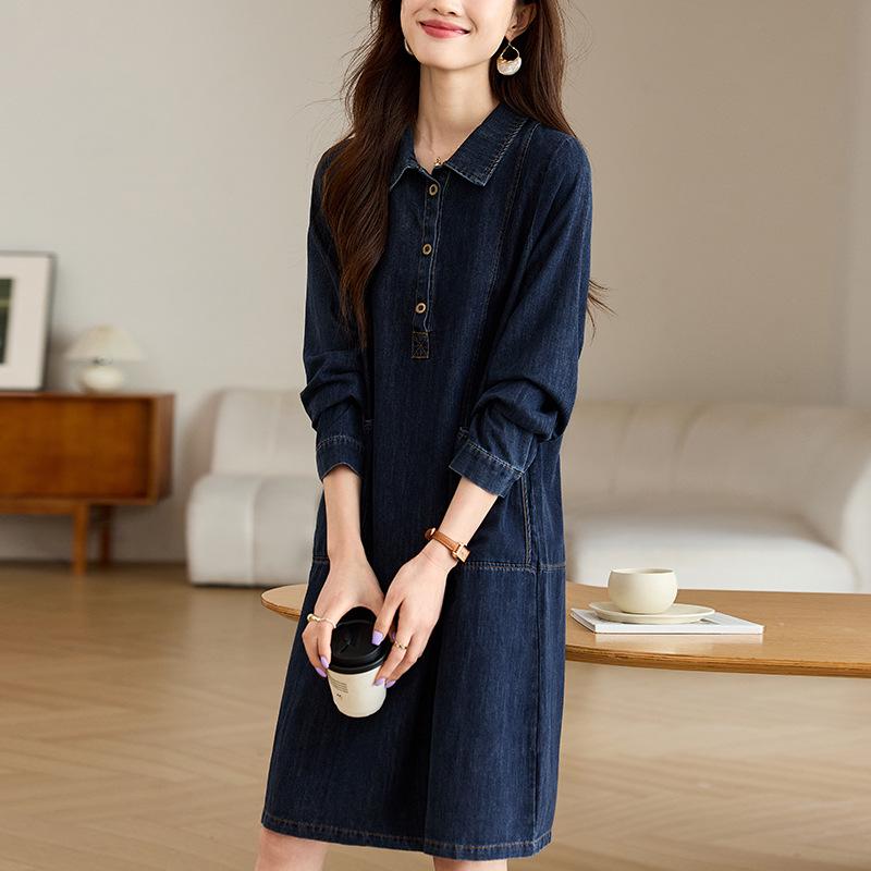 Women's Loose-Fit Long-Sleeve Denim Shirt Dress - Spring/Autumn 2024 Collection
