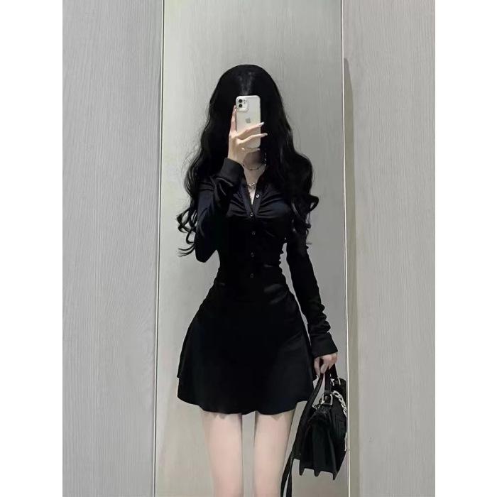 Pure waist pleated short shirt dress women s autumn American sports style polo collar waist age-reducing umbrella skirt S
