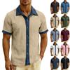 Men Short Sleeve Button Down Shirt Casual Lapel Collar Patchwork Design Lightweight Breathable Fabric for Daily Wear
