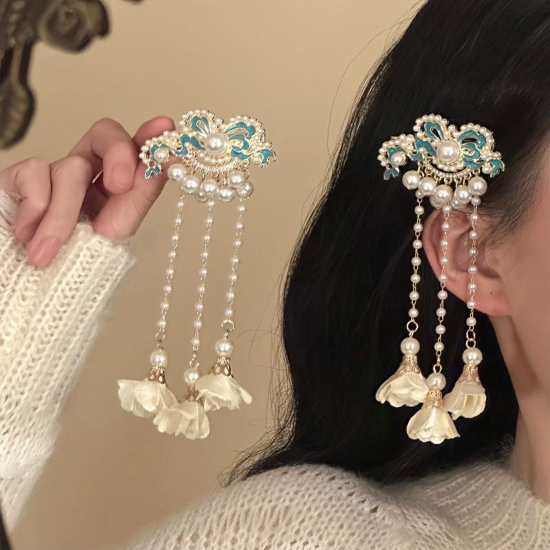 Vintage Chinese Style Pearl Tassel Hair Clips Enamel Flower Hair Pins For Women Hanfu Wedding Hair Accessories