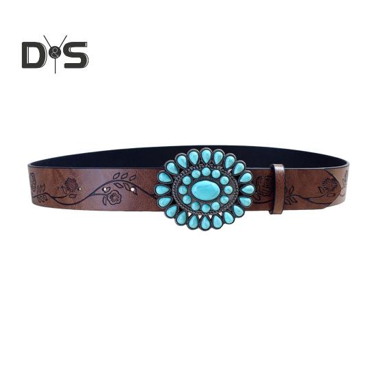 

Ремень в стиле бохо с резным узором из роз и искусственным бирюзовым декором, винтажный пояс в стиле вестерн с застежкой-кнопкой, пояс из искусственной кожи L темно-коричневого
