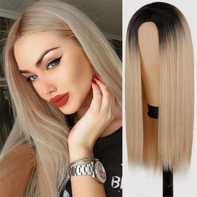 Ombre Long Straight Synthetic Wig For Women Black Blonde Wigs 24 Inch Cosplay Wig No Lace NO Bangs Gradient Color