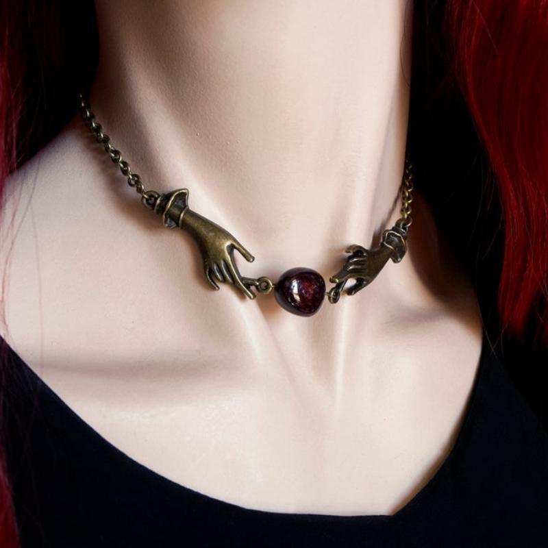 

Temperament Gothic Bronze-colored Hands Irregular Geometric Circular Garnet Pendant Necklace for Women Halloween Party Jewelry