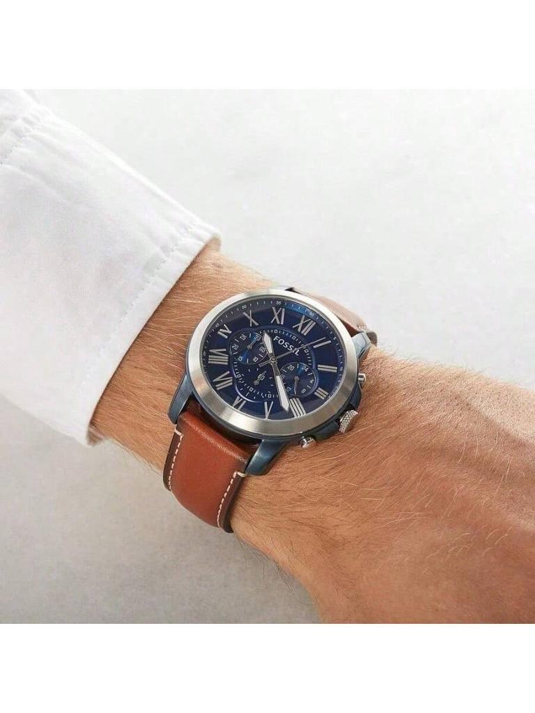 Grant Men's Chronograph Watch: 44mm Two-tone Stainless Steel Case, Blue Roman Numeral Dial, Brown Leather Strap, 50m Water Resistant FS5151