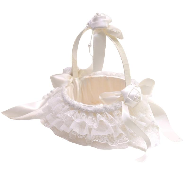 

Lace Ruffle Wedding Baskets Bowknot Flower Baskets for Wedding Ceremony Wedding Flower Girl Basket with Flower Handle 1