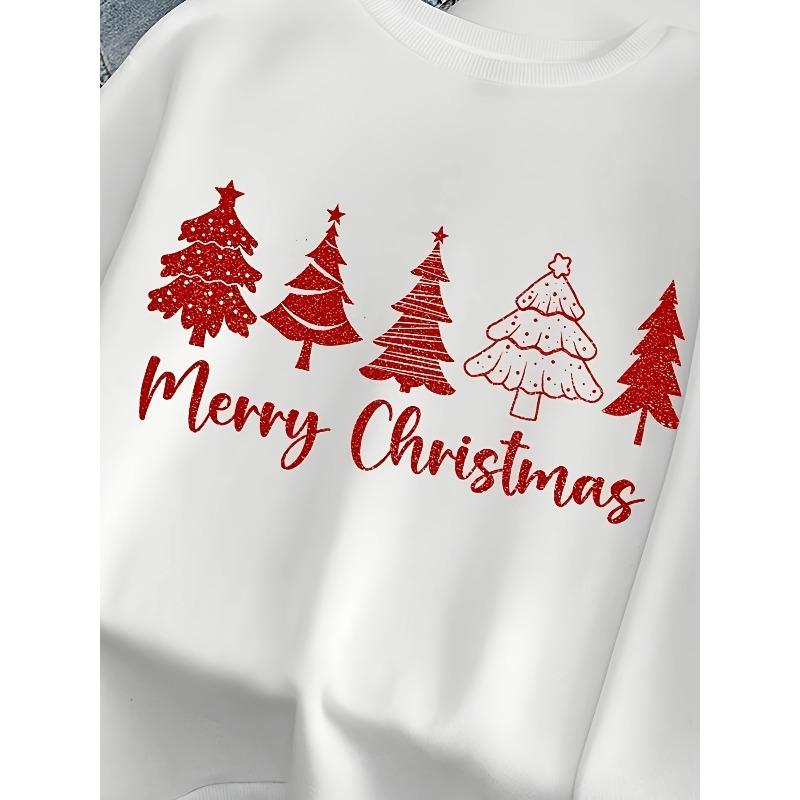 Unisex Christmas Tree Print Drop Shoulder Round Neck Sweatshirt for Christmas, Suitable for Everyday Wear