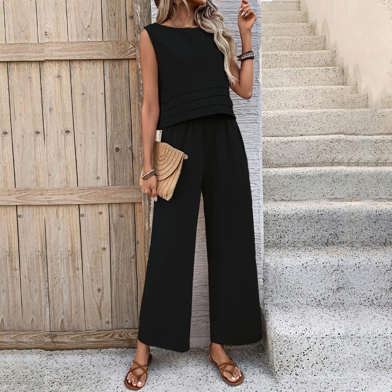 Women's Casual Suit Top Trousers Two Piece Sleeveless Short Top Fashion Casual Suit