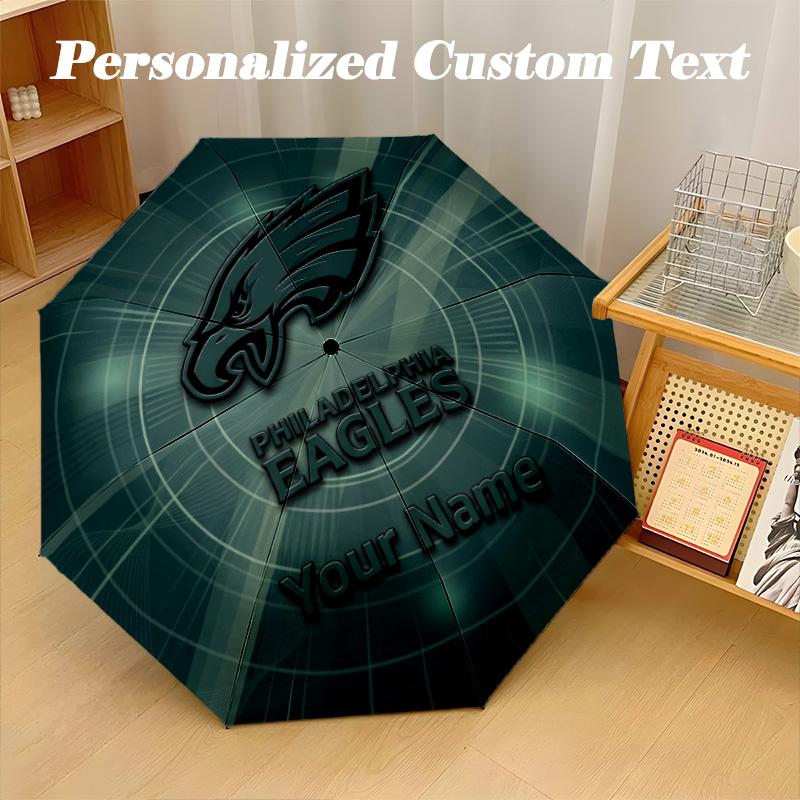 Philadelphia Eagles Automatic 8‑ribs Umbrella, Custom Name Text Personalized Folding Umbrella Rain Sun Gift