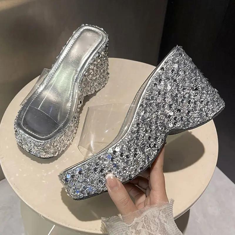 Eilyken New Summer Design Sequin Cloth Platform Wedges Slippers Women Street Style PVC Transparent Heels Banquet Shoes