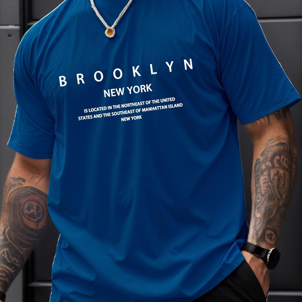 Summer Men's 100% Pure Cotton Casual Loose Plus Size Brooklyn Print Comfortable Sports Round Neck Short Sleeved T-shirt Top