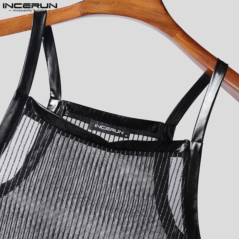 INCERUN Men Summer Strap Sleeveless Glitter See Through Mesh Party Irregular Tank Tops