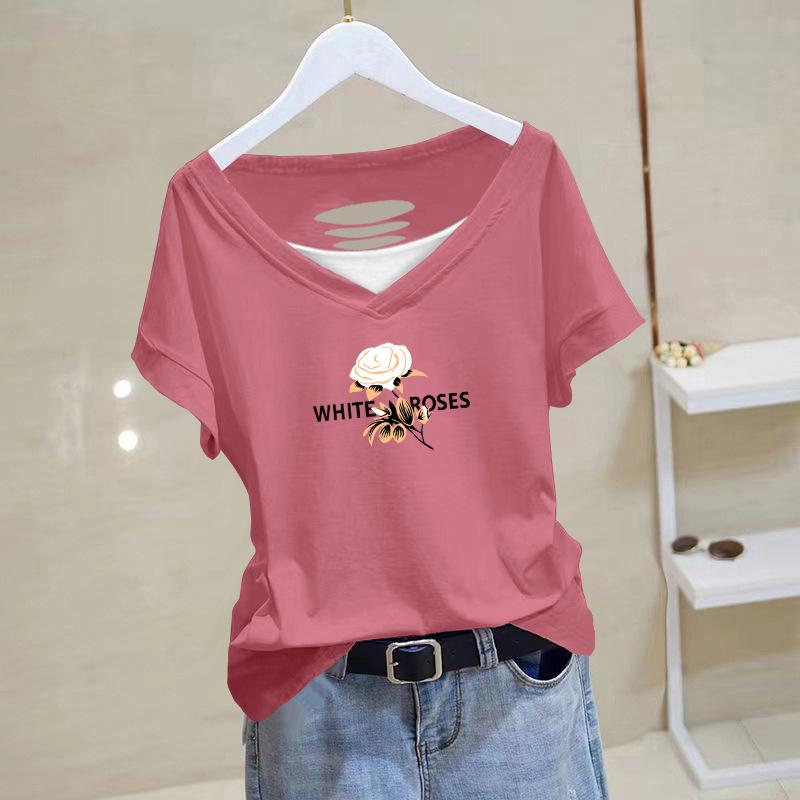 

Женская летняя футболка 2025 года из чистого хлопка с рваным V-образным вырезом: Универсальный двухслойный топ с коротким рукавом и вырезами, свободного кроя, стройнящий XL [105-120 jin]