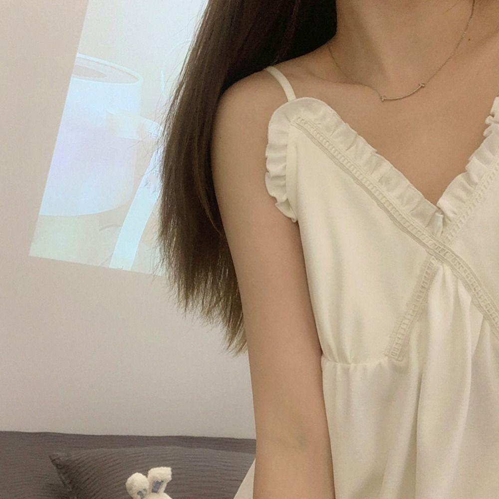 Sleeveless Women's Pajama Dress Ruffle Sling Nightgown Fashion Suspender Nightdress  Summer