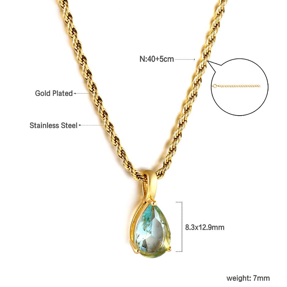 Non Tarnish Twist Chain Water Drop Zirconia Pendant Necklace Stainless Steel Jewellery 18K Gold Plated Birthstone Necklace Women