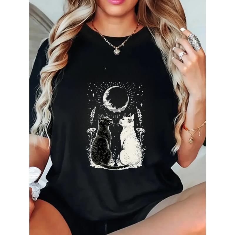 Black Oversized T Shirt With Moon And Cats Print For Casual Wear