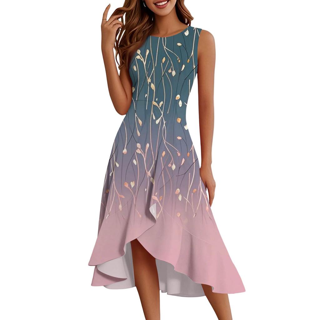 Damenmode Lässig Reißverschluss Ärmellos Rundhals Bedruckt Elegant Temperament Rüschenkleid Kleider