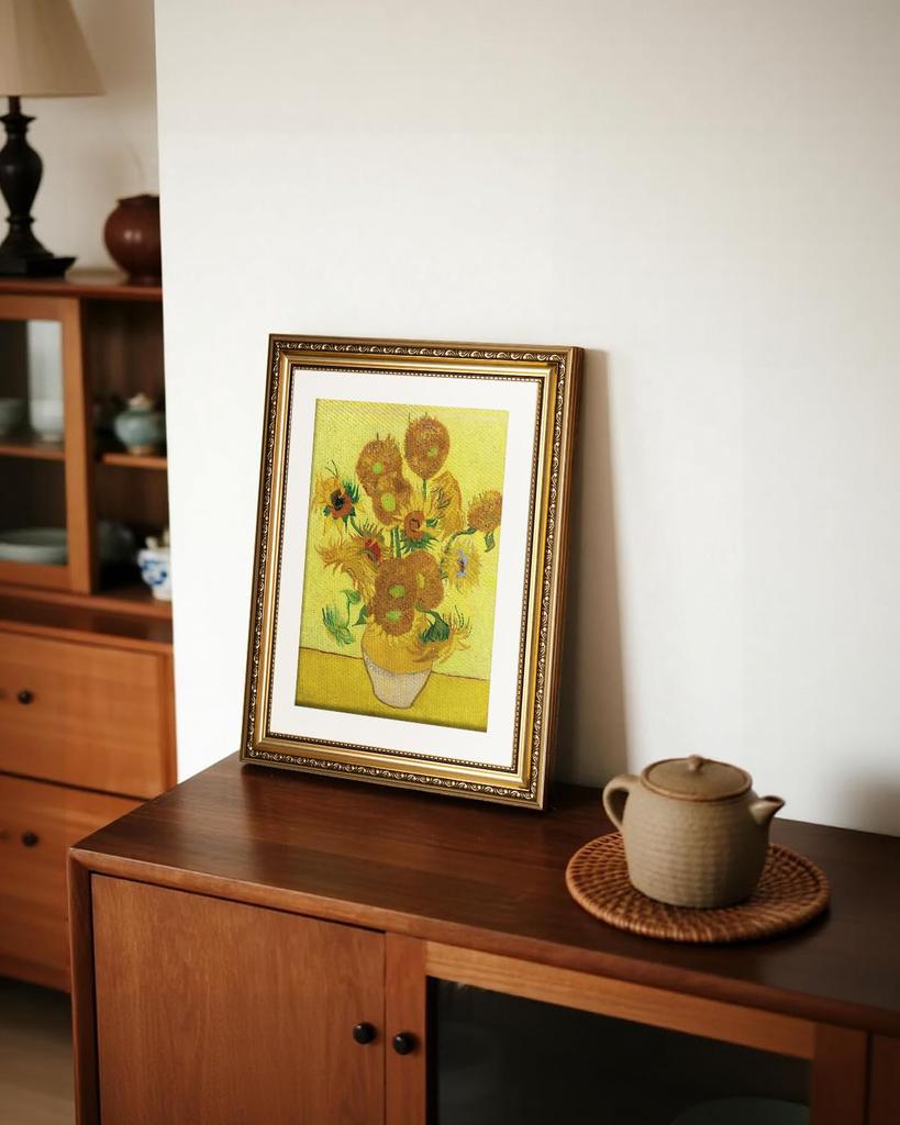 RINTO Van Gogh Sunflowers Art Stylish Wall Art with Gold Good Wall Room Feng Shui Living Art Reproduction, Panel, Poster, Frame, Fortune, Hanging,