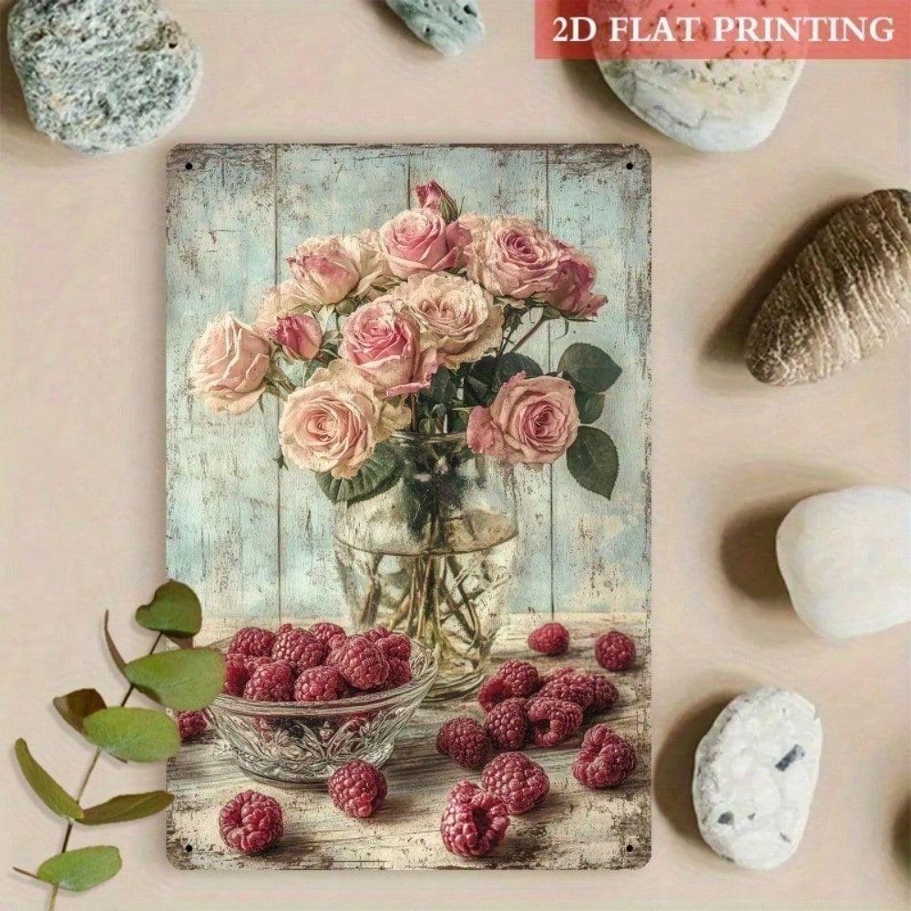 Metal Poster One Piece Romantic Roses Raspberries 3D Visual Effect Wall Art Living Room