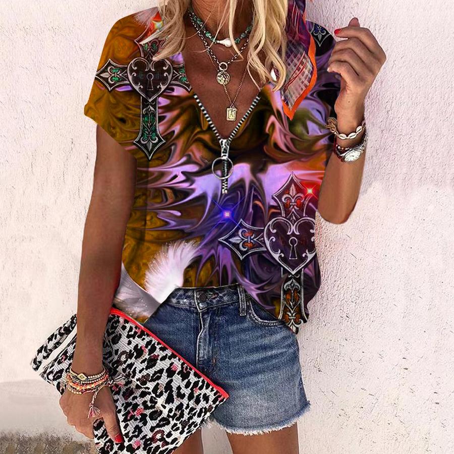 Dámský top Léto Nová móda Růže Květ Ostružina Růže Tištěná Neformální Top Výstřih do V Krátký rukáv