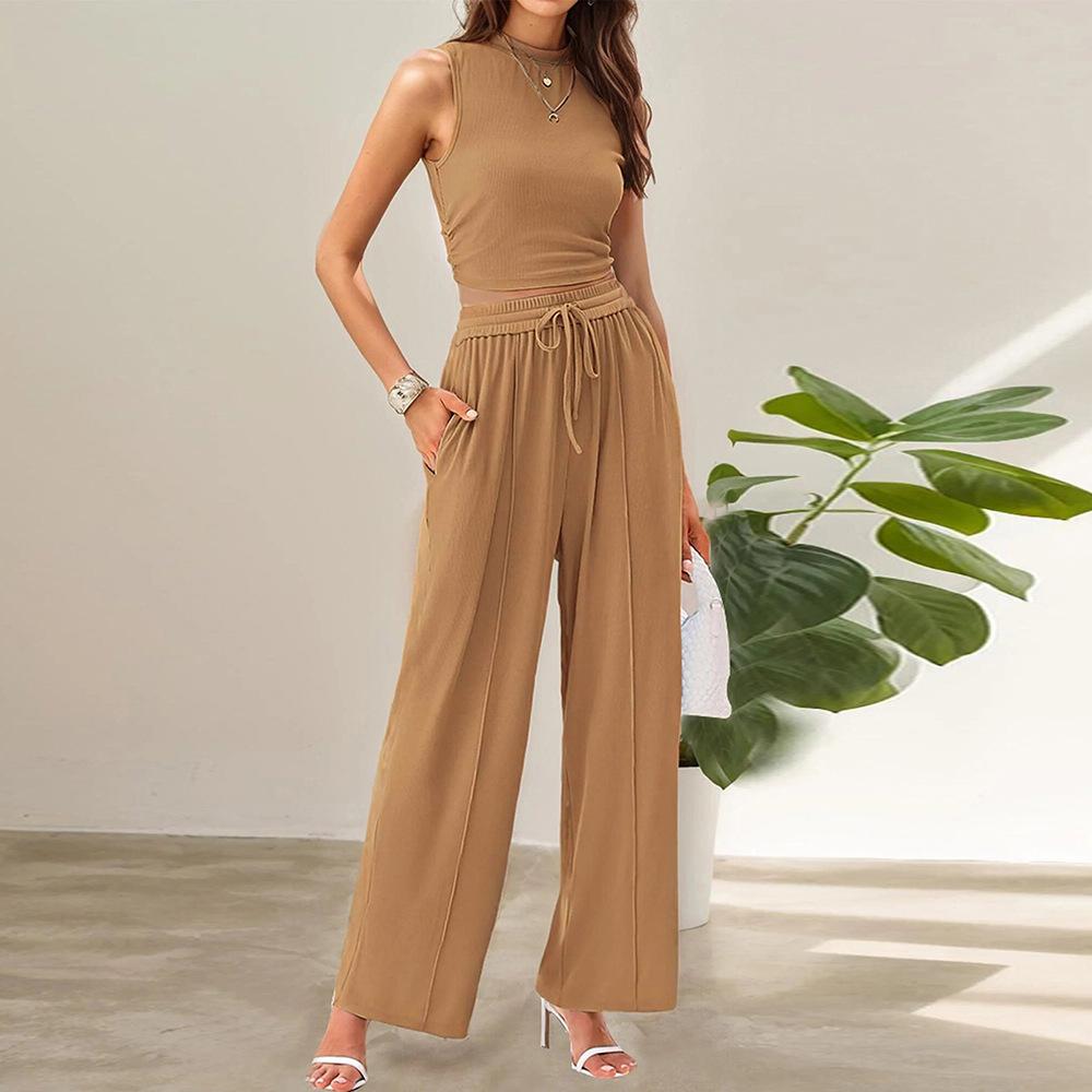 Women's Olive Green Sleeveless High Neck Crop Top with Wide Leg Pants Two-Piece Set