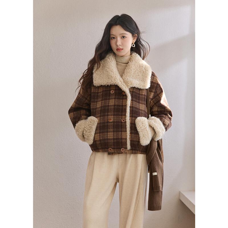 Mixiu Women's Retro Plaid Lamb Wool Padded Jacket