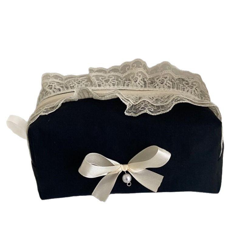 Lace Trim Makeup Bag with Bow & Pearl - Skincare, Menstrual Pad, & Toiletry Organizer
