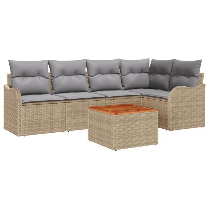 Ensemble de Sofa de Jardin 6 Pièces avec Oreillers Beige Rattan Poly Acacia, Sofa de Jardin 2 Places avec Oreillers Beige 3347455