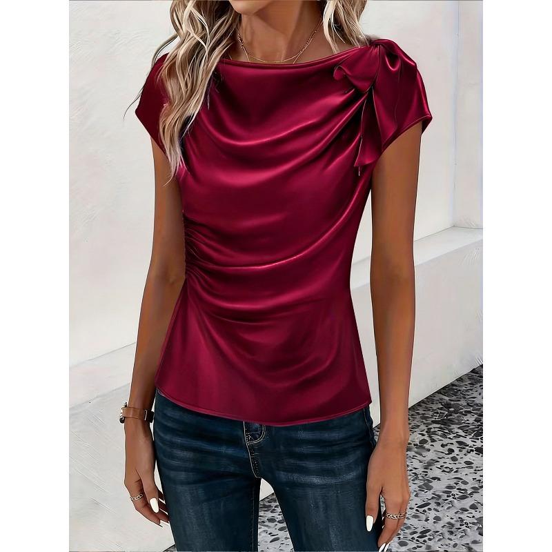 IHUASU Women's Fashion Casual Solid Color Print O-Neck Short Sleeve   Blouses & Shirts