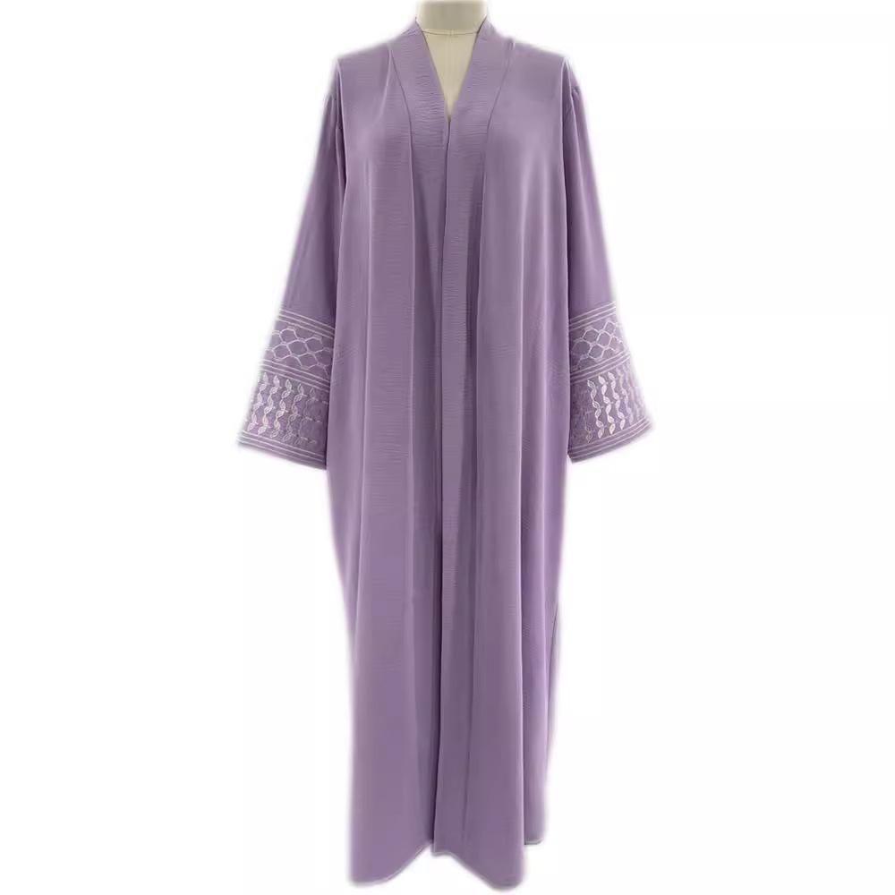 Elegant Embroidered Middle Eastern Muslim Tie-Up Cardigan Dress with Pockets