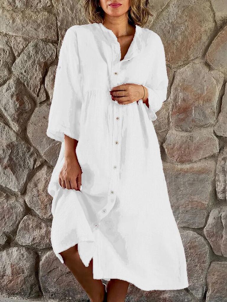 Women's New Cotton Linen Solid Color Button Long Dress