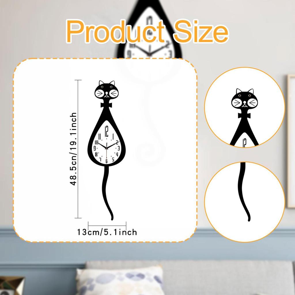 Cat Shaped Wall Clock Display Modern No Ticking for Office Gift Drawing Room