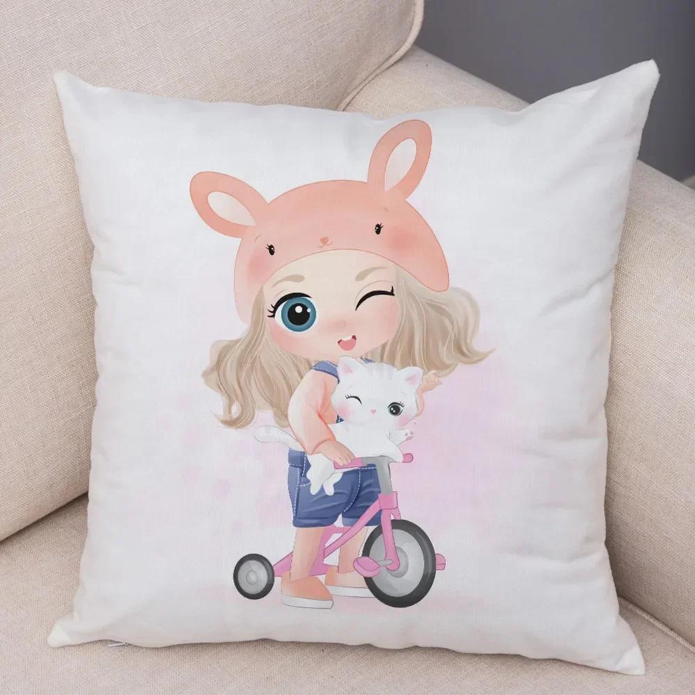 Cute Cartoon Girl and Cat Cushion Cover for Children Room Sofa Home Car Decor Lovely Child Pillow Case Plush Pillowcase 45x45cm