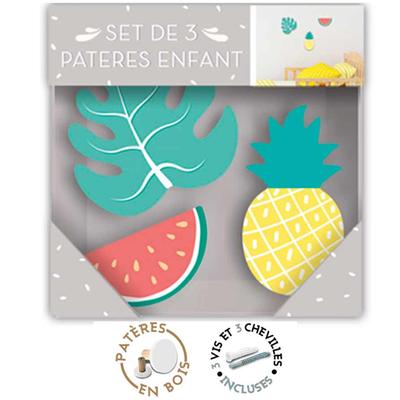 [R1066] - Trio of Multicolored 'Tropical' Wooden Hooks (monstera- Watermelon - Pineapple) - 7x6. 5cm-8.5x4. 5 Cm and 6. 5x3. 3cm