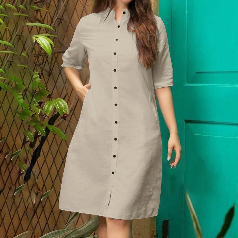 

ZANZEA Женское повседневное платье-рубашка с воротником-стойкой и коротким рукавом 5XL хаки