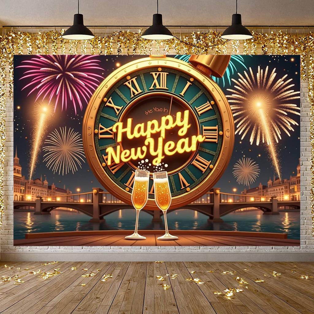 Event Banner Classic Clock Banner New Year Banner City Night View New Year Decoration For New Year Photoshoot Indoor