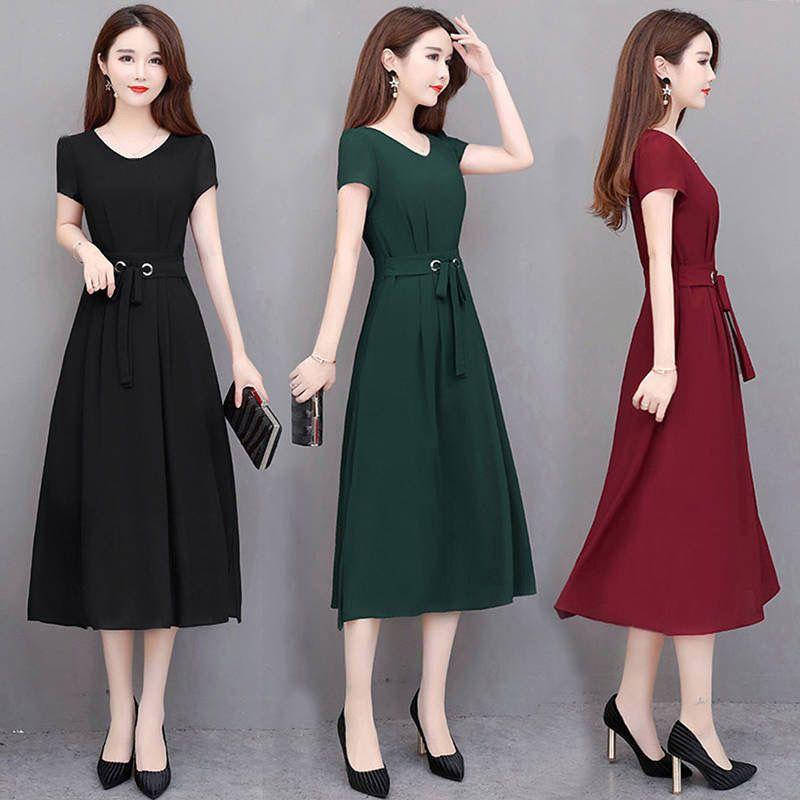 Temperamen Fashion Dresses Summer New Women Solid O-Neck Zipper Bandage Hepburn Style Short Sleeves Lim Mid-length A-line Dress