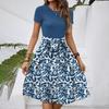 Women's Fashionable Retro Patterned Printing Color Blocked Belt Casual Dress