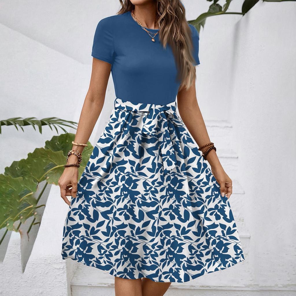 Women's Fashionable Retro Patterned Printing Color Blocked Belt Casual Dress