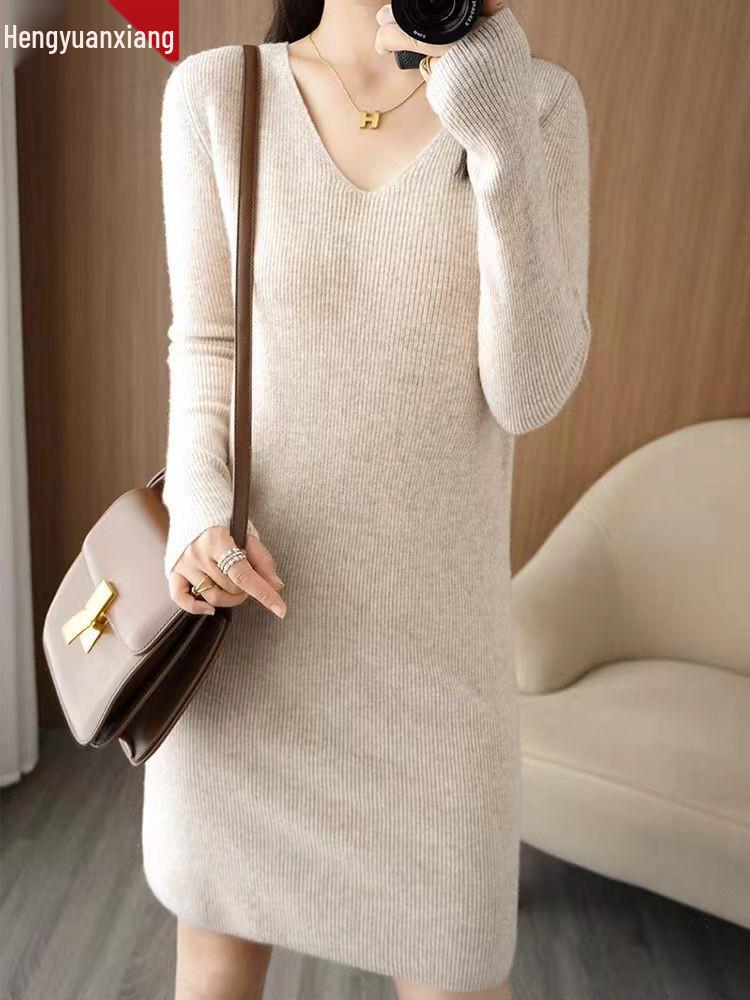 Hengyuanxiang Women's V-Neck Cashmere Sweater Dress - Mid-Length, Long Sleeve, Knitted