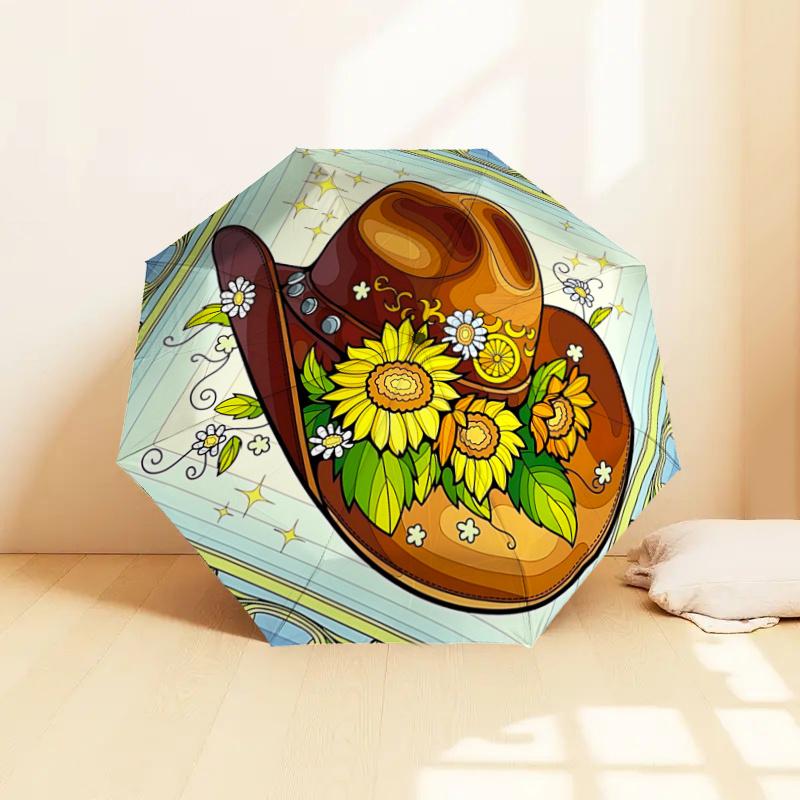 Western Cowboy Hat with Sunflowers and Daisies - Automatic Opening Umbrella, Portable Tri-Fold Design, 8-Bone Iron Frame, , Festival Gift Fo
