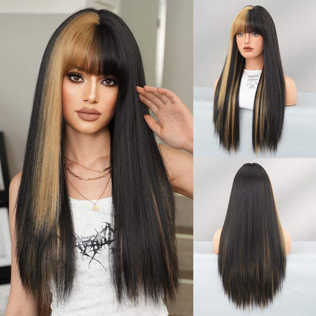 Multi Colored Optional Long Straight Hair With Bangs Wig Women's Full Head Set Natural Synthetic Matte High-temperature Silk