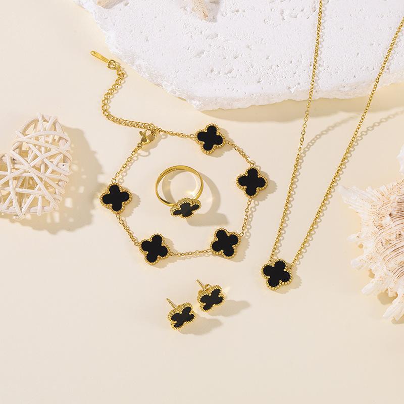 4PCS 13MM Double-Sided Mother-of-Pearl Lucky Four-Leaf Clover Bracelet, Earrings and Ring Four-Piece Women s Jewelry Set 4PCS чёрный