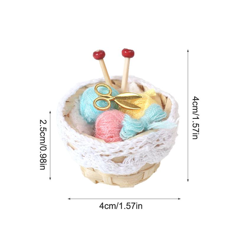 1:12 Dollhouse Miniature Bamboo Basket Braided Yarn Ball Needle Balls Scissors Sweater Knitting Tool Basket Home Model Decor