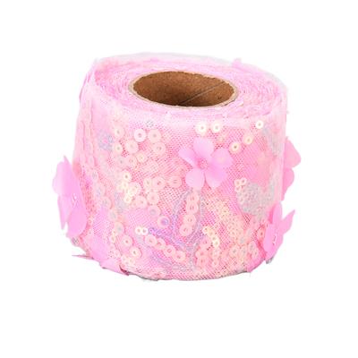 Tulle Roll 10 Yards Embroidered Sequins Flowers Mesh Ribbon Decorative Craft AccessoriesDark Pink