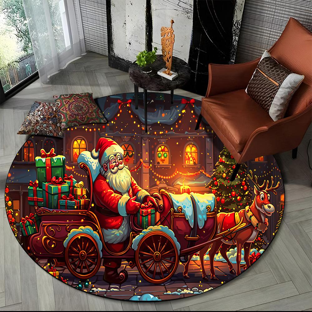 Merry Christmas Cartoon Santa Claus Snowman New Year Round Carpet Rug for Bedroom Living Room Sofa Decoration,Decor Floor Mat