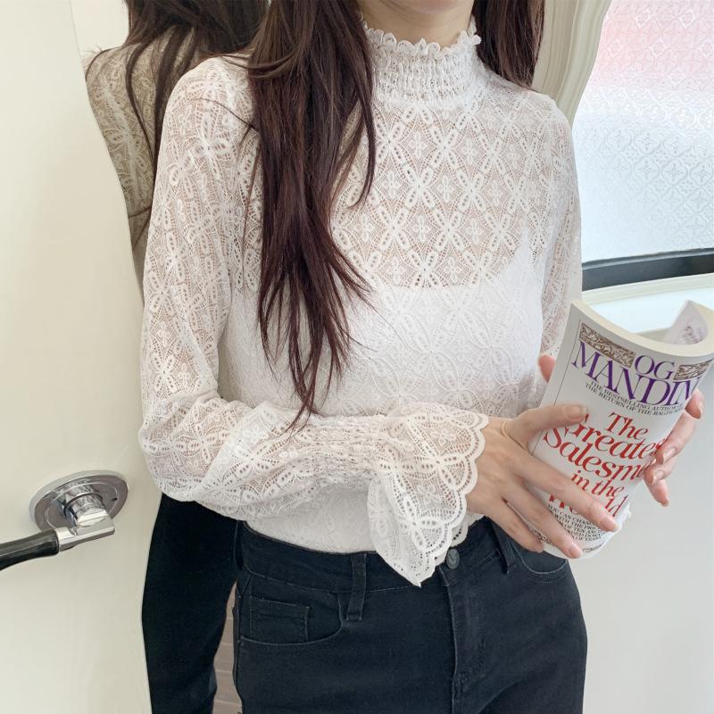 Autumn/winter Women's Semi-high Neck with Velvet Lace Base Slim-fit Long-sleeved Shirt