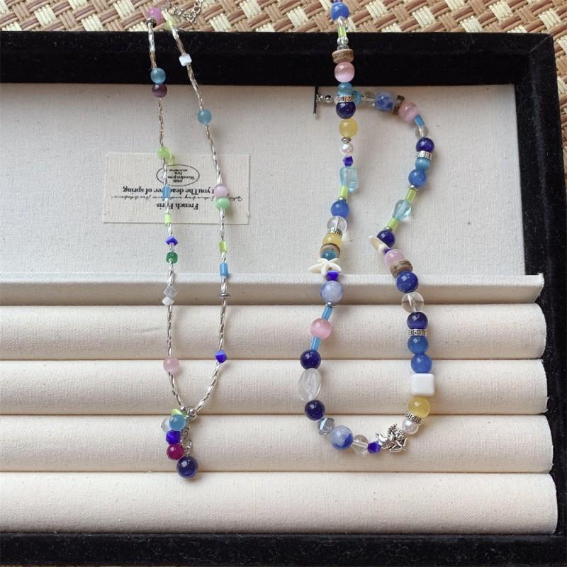 Handmade Korean Style Colorblock Cat Eye Bead Necklace Women Layered Sweet Minimalist Choker Chain