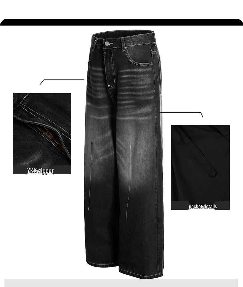 Yongfang Retro Wide-Leg Jeans - Unisex Black/Gray Distressed, Whiskered, Slimming 3D Straight Fit