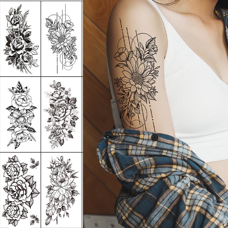 Waterproof Black & White Sketch Flower Half Sleeve Tattoo Stickers