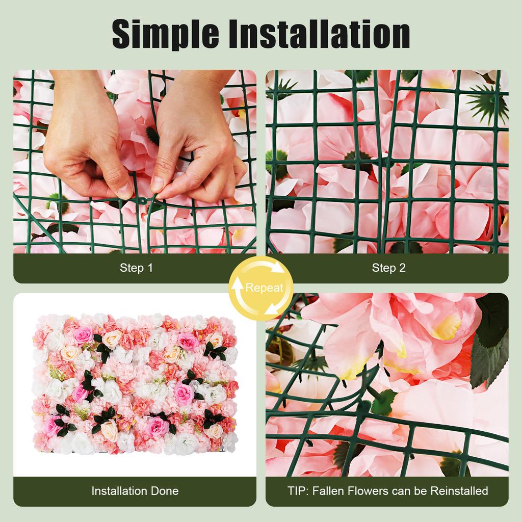 12PCS Realistic Artificial Flower Wall Panel, 3D Silk Roses Dahlias for Wedding Backdrop Party Decor Home Garden Wall Decoration